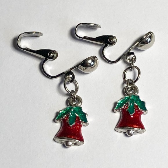 Vintage Christmas Bells Holly Clip On Earrings Red Green Enamel Silver Tone - Picture 5 of 8